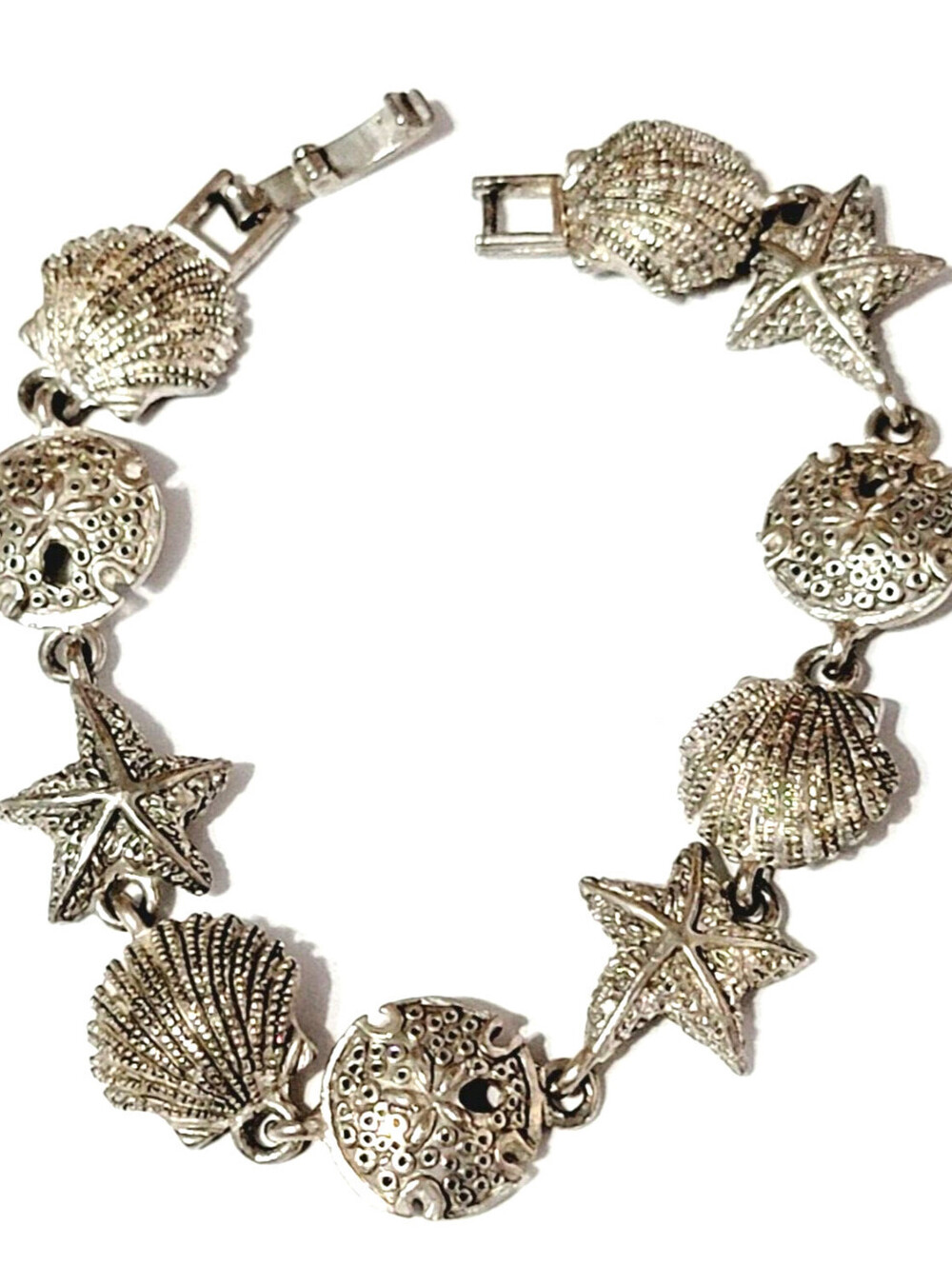 Sea Shell Starfish Bracelet Textured Silver-tone 7" Vintage Beachwear sbr-53